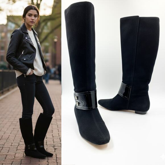 Michael Kors Emily Black Suede Leather Boot Patent Ankle Strap Sz 6.5 Equestrian - Picture 1 of 11